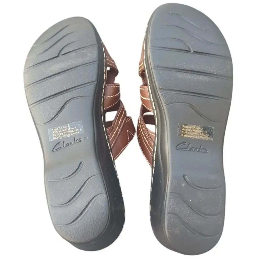 Clarks Bendables Brown Leather Comfort Slide Sandals Floral Beaded 8.5M